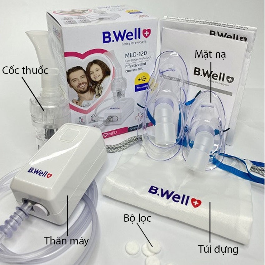 Máy khí dung B.Well Swiss MED-120 Thụy Sĩ, Bộ xông mũi họng có bộ ống ngậm, ống mũi, mặt nạ cho bé