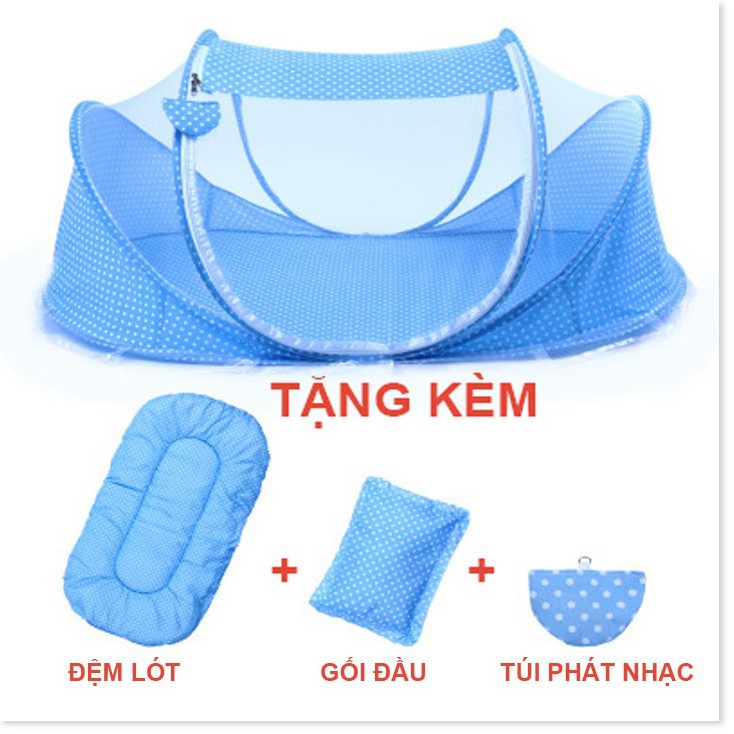 Màn, mùng, nôi chụp cho em bé có nhạc, kèm đệm lót, gối đầu