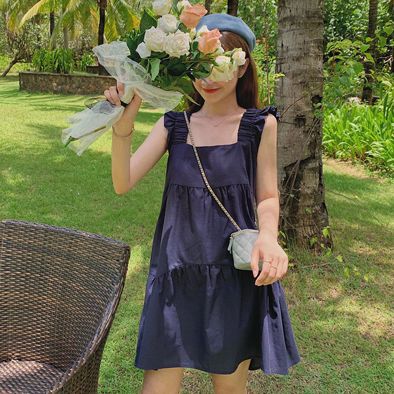 Đầm hai dây màu sắc trơn phong cách Hàn Quốc