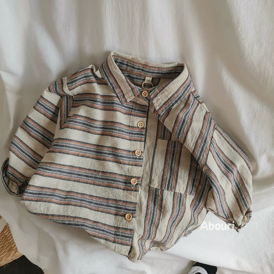 [Babycat] Hàng Có Sẵn Áo Sơ Mi Cotton Lanh Dài Không Đều Kẻ Sọc Cổ Điển Phong Cách Nhật Bản Hàn Quốc Mùa Thu 2022 Cho Bé