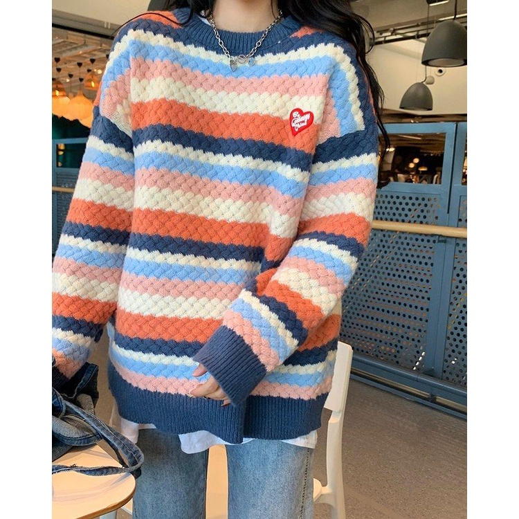 Áo sweater dệt kim dáng rộng họa tiết kẻ sọc phong cách retro