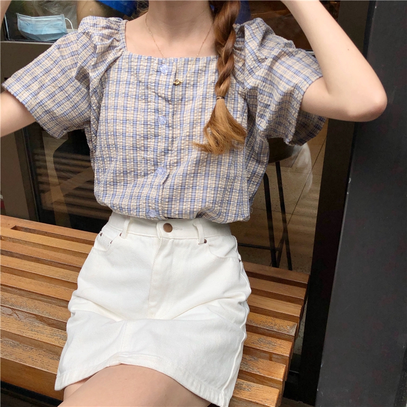 Áo Kiểu Cổ Vuông Tay Phồng Kẻ Sọc Thời Trang Mùa Hè Cho Nữ
