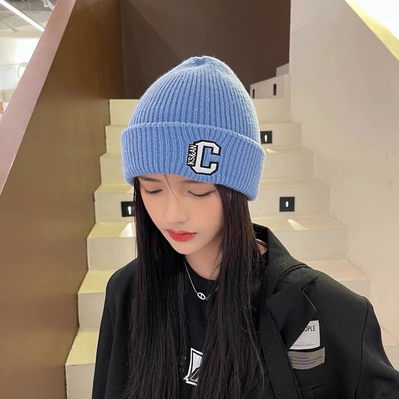 Mũ len nam nữ trùm đầu hoạ tiết thêu chữ C , phụ kiện thời trang nữ hàn quốc