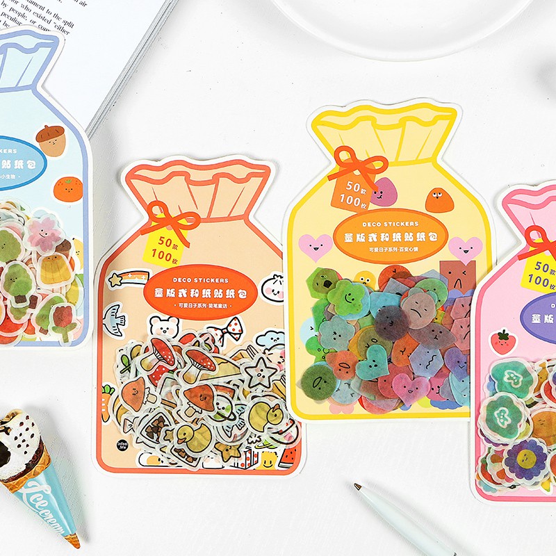 Set 100 Miếng Dán Họa Tiết Dễ Thương Trang Trí Sổ Tay