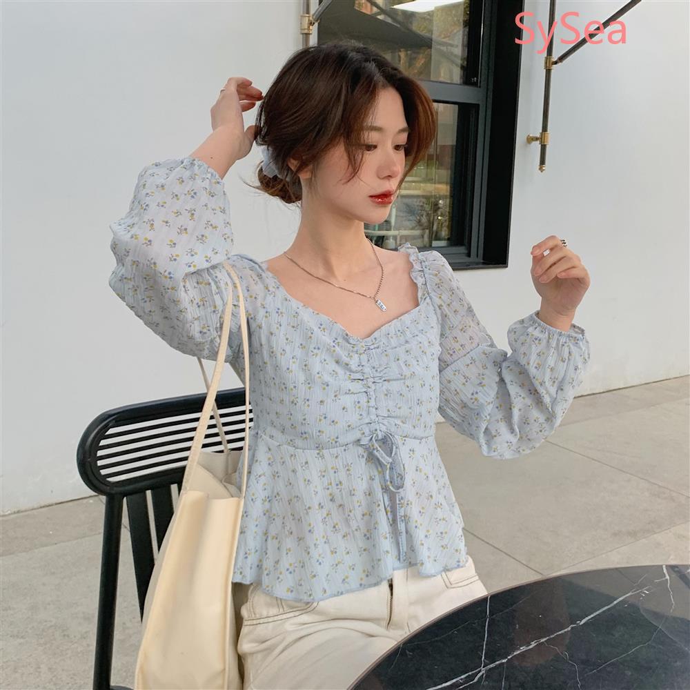 Áo chiffon tay dài họa tiết hoa phối dây rút thời trang dành cho nữ