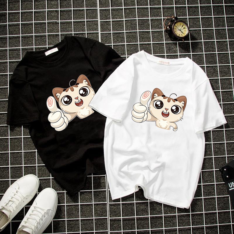 Áo thun unisex form rộng mèo đáng yêu thời trang cá tính vải dày mịn 2019T1345