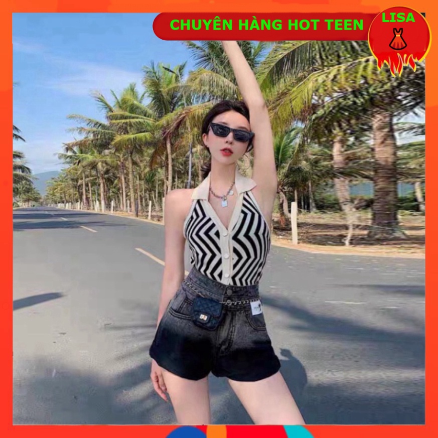 Áo Yếm Nữ Hoạ Tiết Sọc Xanh Đen Forgirl Hở Lưng Cổ Chữ V Dáng Ôm Gợi Cảm Thời Trang Hàn Quốc - Croptop Polo Ba Lỗ 2 Màu