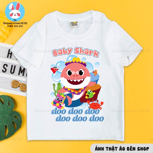 Áo thun baby shark cho bé trai và bé gái,áo trắng in hình baby shark siêu nét cute )