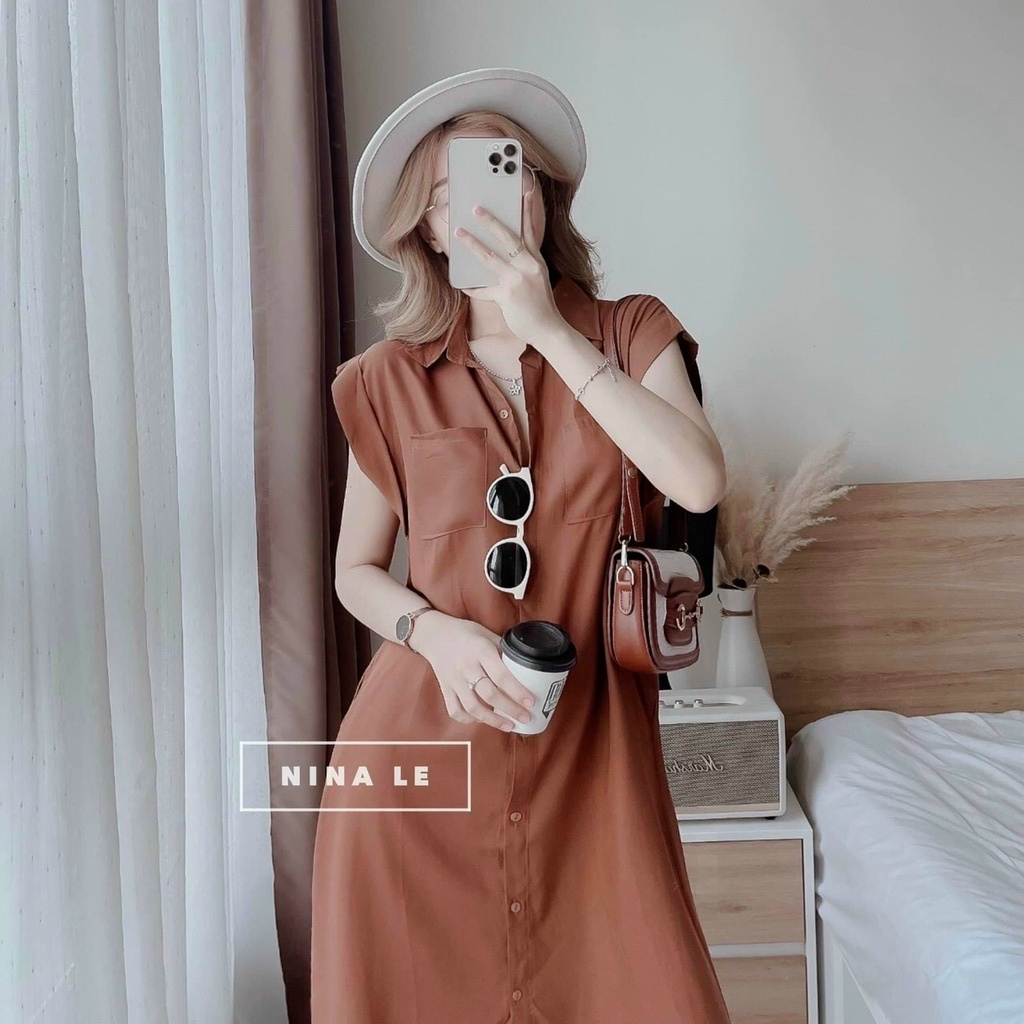 [Miễn Phí Ship 50K-GIAN HÀNG CHÍNH HÃNG] Đầm nữ thời trang mặc đi chơi, Đầm maxi sơmi lụa tay ngắn có túi cá tính