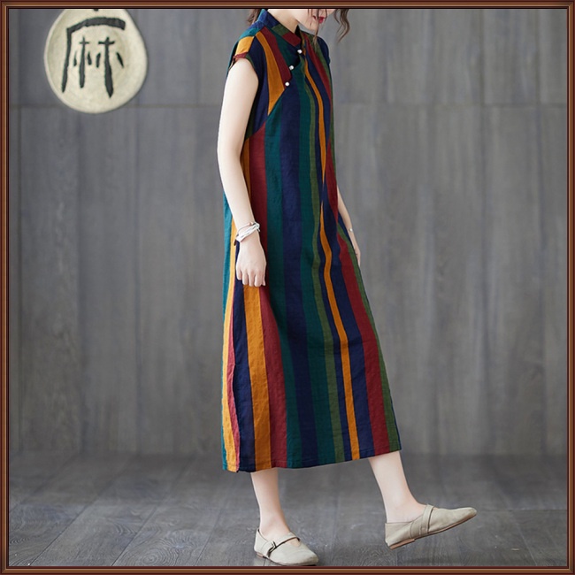 Đầm Sườn Xám Không Tay Cổ Đứng Chất Liệu Cotton Lanh Thoáng Khí Thoải Mái Họa Tiết Kẻ Sọc Cổ Điển Cho Nữ