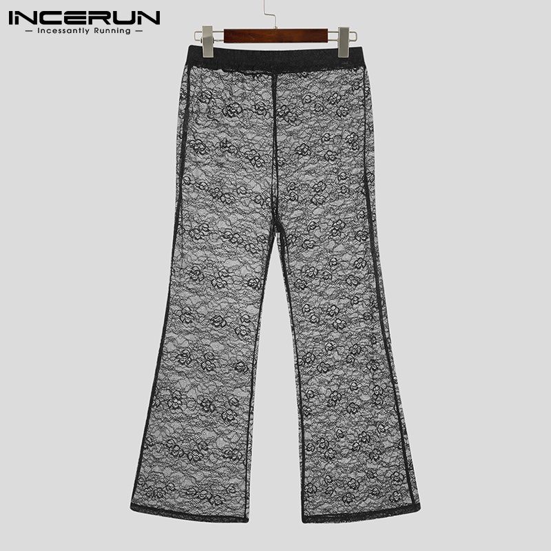 Quần dài INCERUN ống rộng lưng thun phối ren nhìn thấu phong cách gợi cảm cho nam