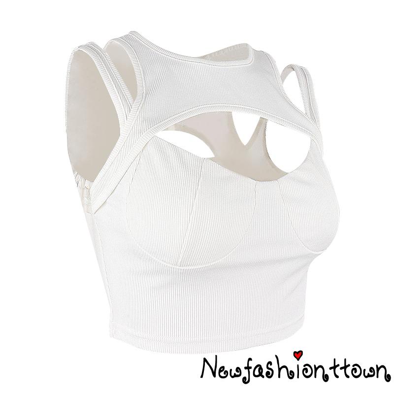 NFashion-Women Casual Crop Tops, Solid Color Hollow Out Slim Fit Sleeveless Patchwork Vest