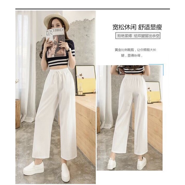 Quần Culottes Ống Rộng Chất Liệu Đũi Dài 100cm Lưng Cao Khóa Thật Cạp Chun Sau, Quần  Đũi Ống Suông Lưng Thun