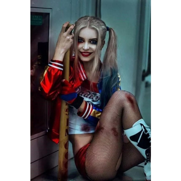Halloween Người lớn Harley Quinn Trang phục Cosplay Suicide Squad Phụ nữ Fancy Clown Jacket T-shirt Quần short Wig Set