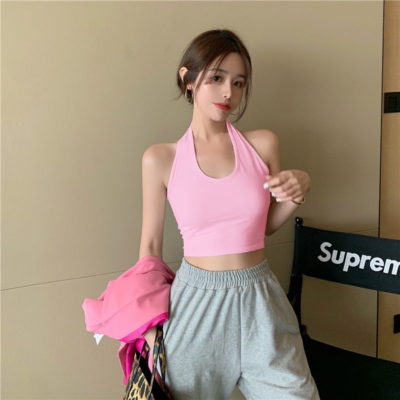 Navel-baring women's vest summer hanging neck sports sleeveless solid color slim fashion top