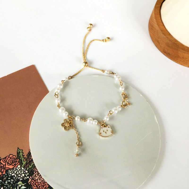 Vòng tay hợp kim đính đá hình mèo siêu cute, vòng tay thời trang ngọc nhân tạo cho nữ có nút điều chỉnh độ dài