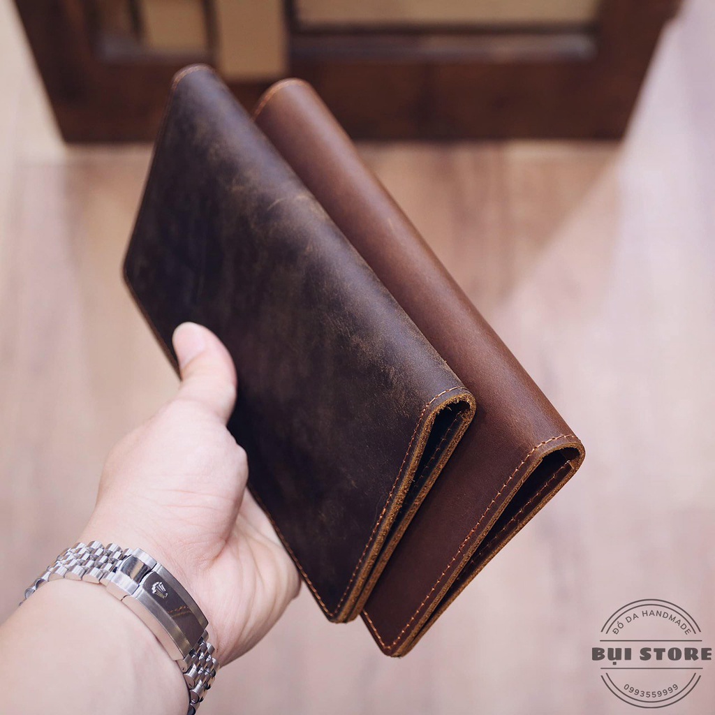 Ví cầm tay nam da bò thật, Ví dài nam da bò sáp ngựa điên Handmade khâu tay thủ công BH 2 năm