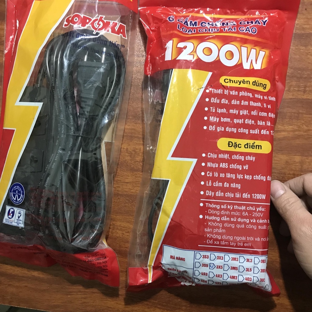 Ổ dây điện chống va đập 3 chấu dây dài 2.5 và 4.5m cao cấp sopoca công suốt 1200W VÀ 2200W