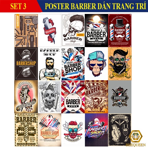 Combo 20 Sticker - Poster Decal Dán Tường Trang Trí Barber Shop - Tiệm Tóc Siêu Dính