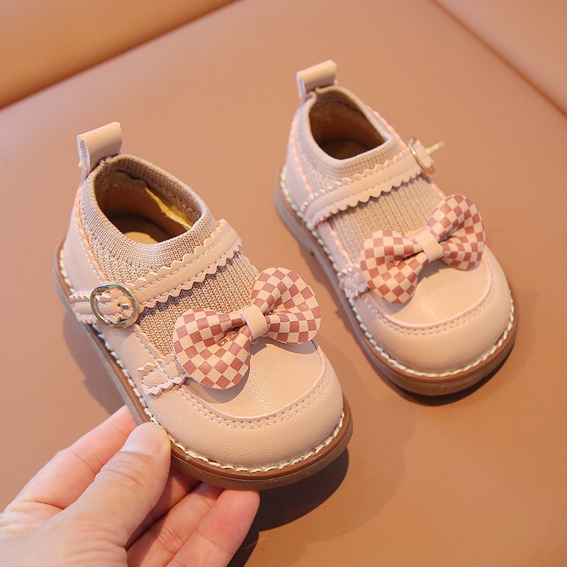 Giày boot cho bé gái - Bốt thun co giãn cho bé kết hợp với da PU mềm siêu nhẹ đính nơ caro dễ thương (s16-s25) A2233