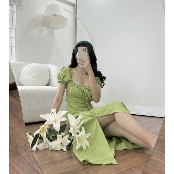 Đầm maxi nhún ngực xẻ đùi cut-out lưng - M446