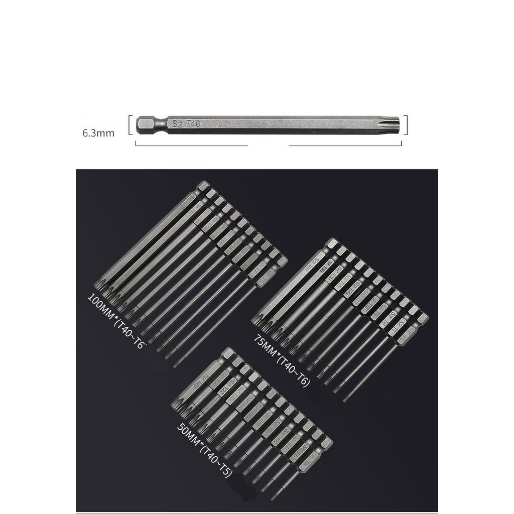 Bộ hoa thị lục giác cho khoan pin và máy bắt vít dài từ 50mm đến 200mm T6 đến T40