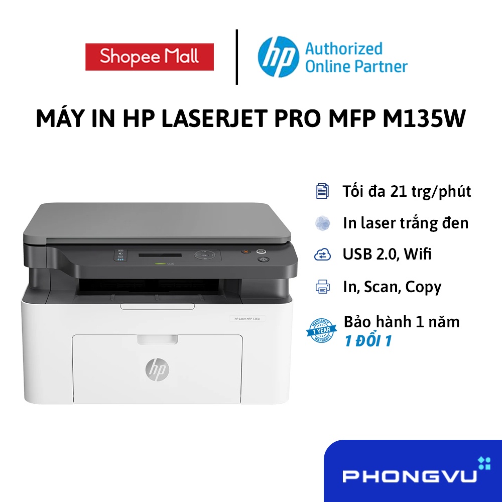 [Mã ELHP500 giảm 10% đơn 500K] Máy in đa chức năng HP LaserJet Pro MFP M135w 4ZB83A - Bảo hành 12 tháng