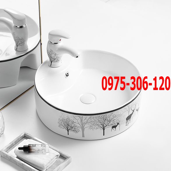 Chậu rửa mặt lavabo Đặt Bàn Đá 8802HV-HOA VĂN CON HƯƠU thương hiệu NA.GRAND, men NANO trắng sáng chống ố chống bám bẩn