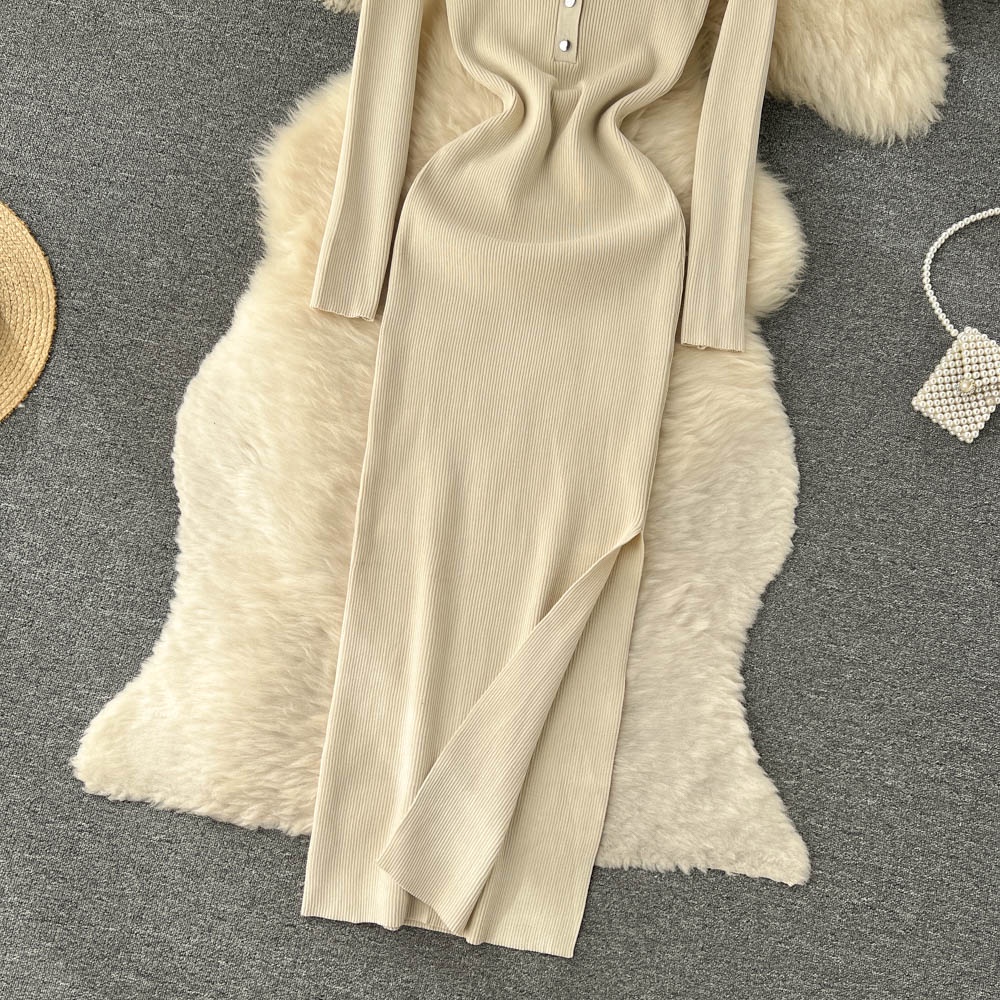 Đầm len cổ polo xẻ đùi gợi cảm, váy len dáng ôm