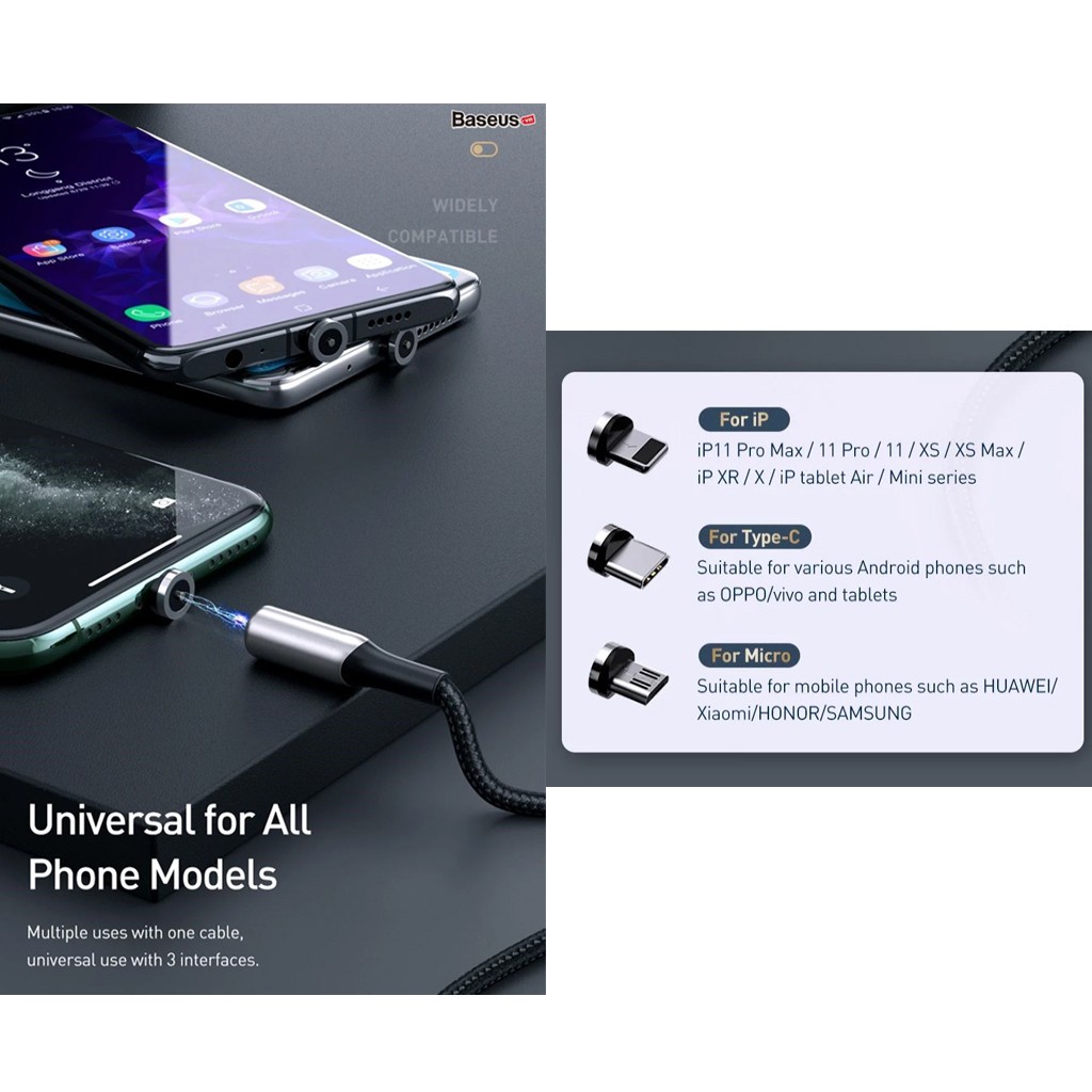 Cáp sạc hít nam châm Baseus Zinc Magnetic Cable Kit 3in1 gồm 3 đầu M+L+C hỗ trợ sạc nhanh 2A/1.5A dài 1m/2m