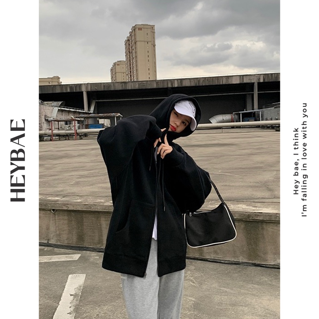Áo khoác hoodie nỉ unisex cơ bản Homie HEYBAE trơn oversize dài tay có mũ 2 màu đen xám áo khoác mùa đông AK014 | BigBuy360 - bigbuy360.vn