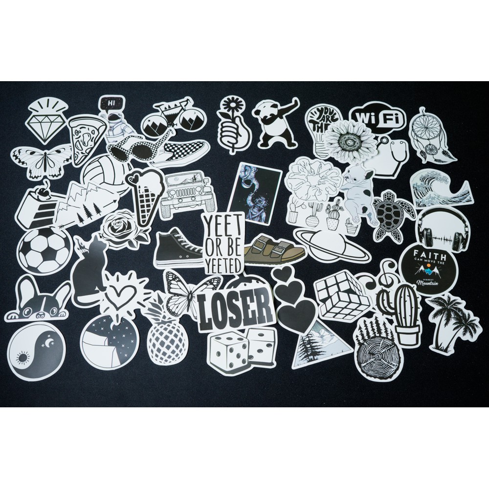 Bộ sticker black white mẫu mới 2019 trang trí mũ bảo hiểm, xe máy, xe đạp, đàn, scooter, skateboard, vali, điện thoại