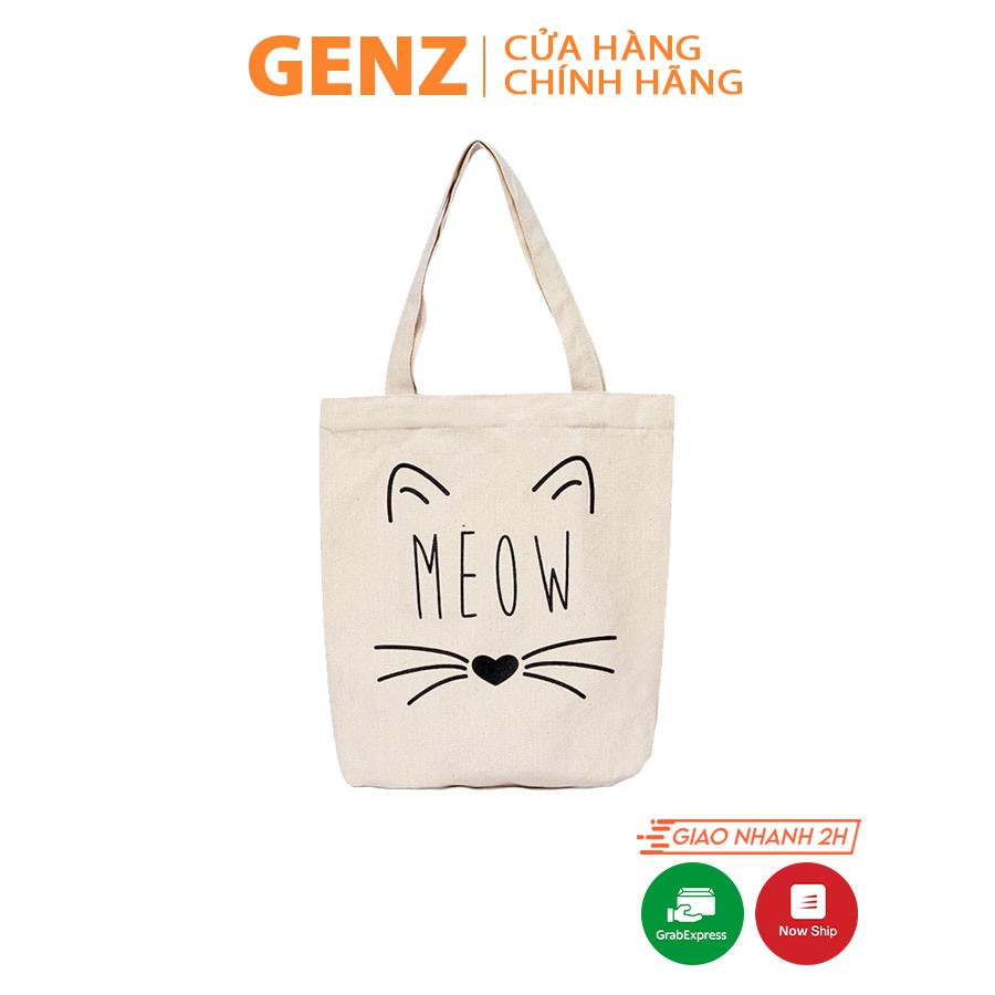 Túi tote GENZ vải canvas ulzzang unisex in hình mặt Mèo Meow, vải bố mộc không nhuộm hóa chất - ZB010