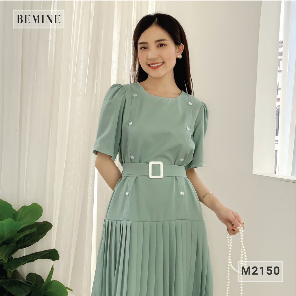 Đầm nữ công sở dáng xòe tùng xếp ly đai eo BEMINE M2150XANH | BigBuy360 - bigbuy360.vn