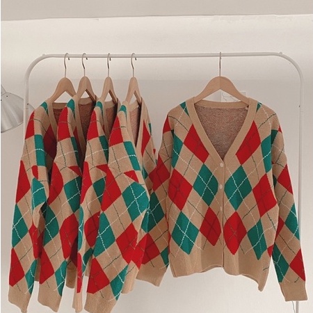 Áo Khoác Cardigan Len Nữ , Áo Len Ô Trám Vintage Phong Cách Ulzzang Hàn Quốc | BigBuy360 - bigbuy360.vn