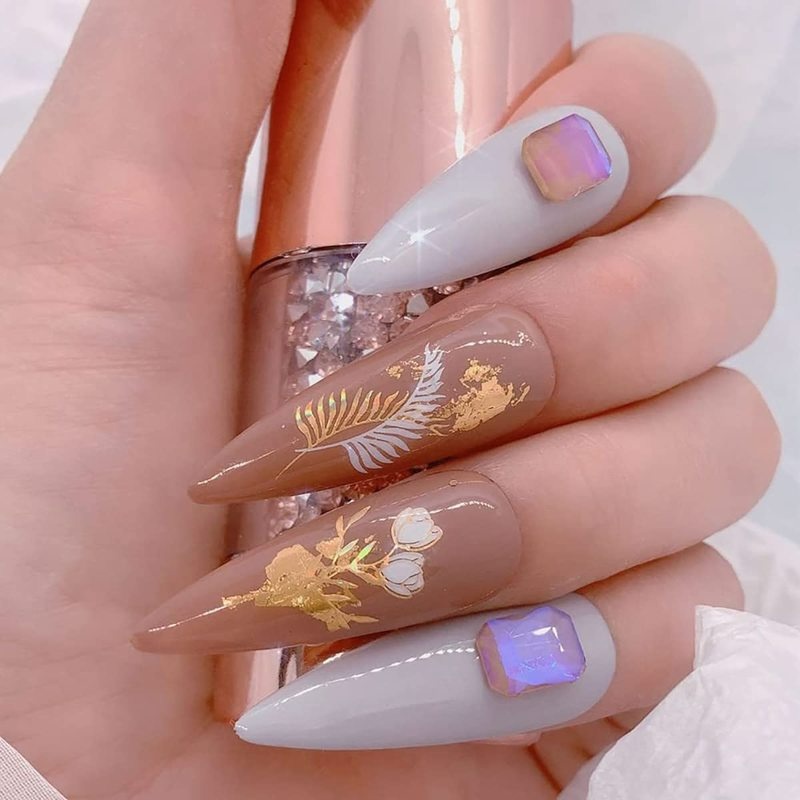 1 Tờ Miếng Dán Trang Trí Móng Tay 3D Tự Dính Hình Hoa Lá Ba Chiều Màu Trắng Vàng Trắng