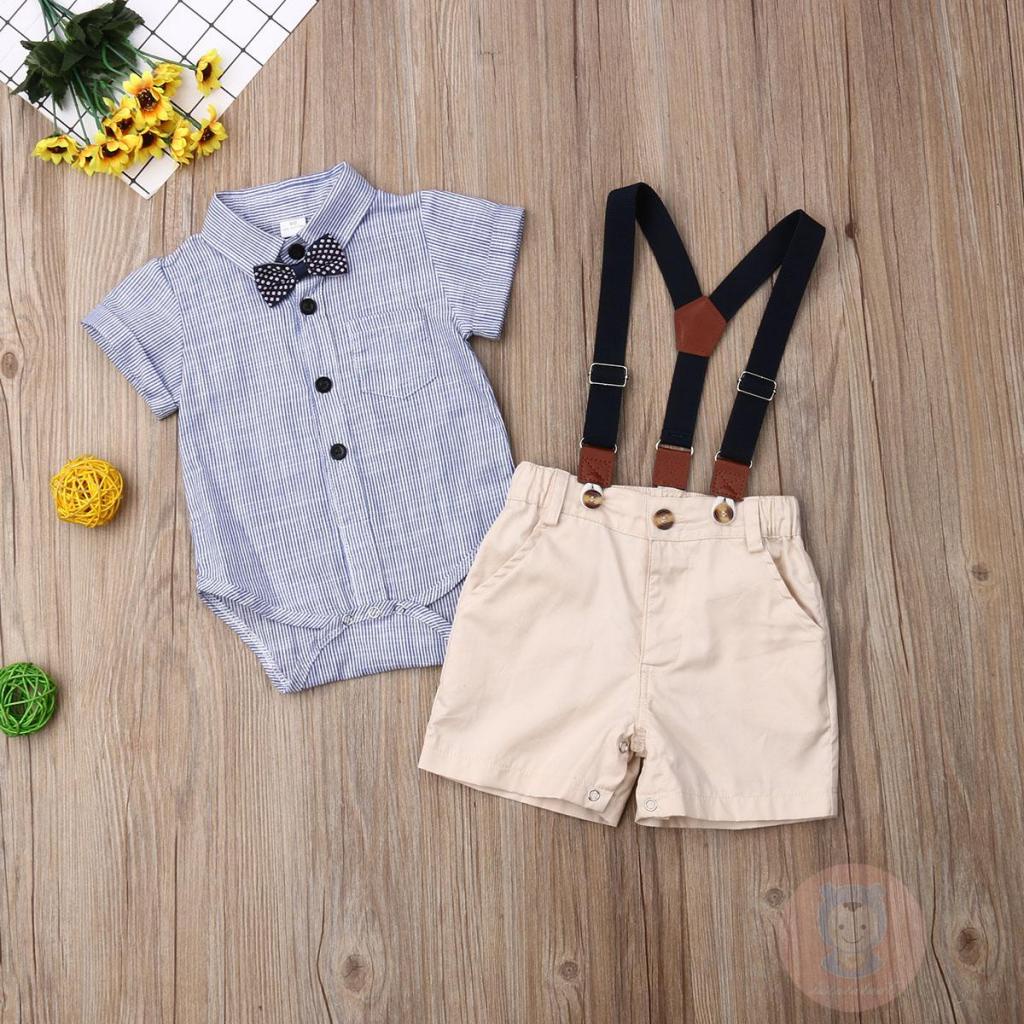 Bộ Áo Liền Quần + Quần Yếm Ngắn Tay Đính Nơ Dễ Thương Cho Bé Trai LAA6-Baby