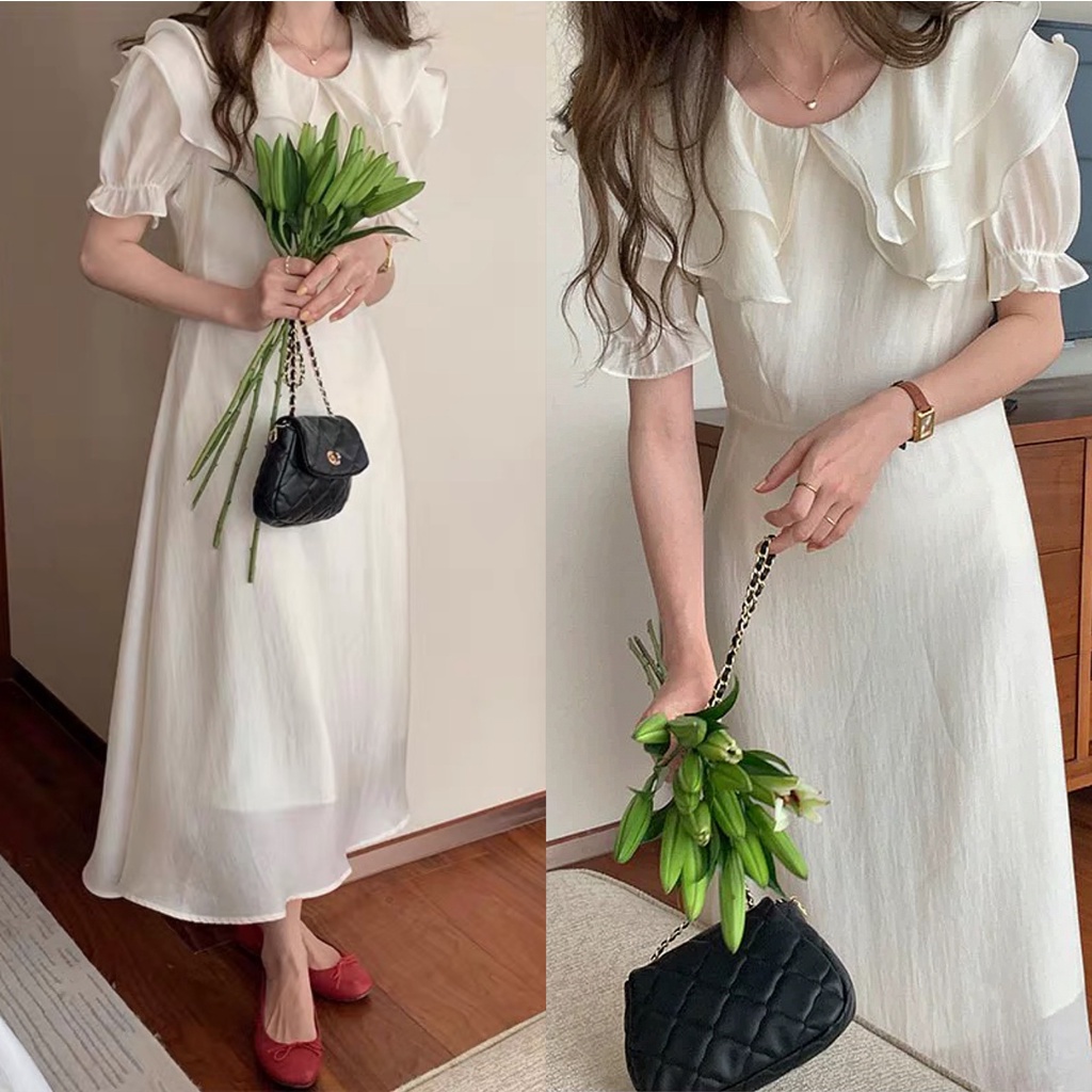 Váy voan tơ 2 lớp cổ bèo dáng dài tay phồng chung phong cách tiểu thư bánh bèo xixeoshop - v158