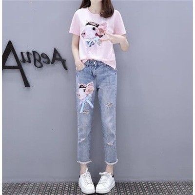 (SẴN HỒNG M)#190. Set áo phông quần jeans thêu heo ngộ nghĩnh đeo hoa (FEEDBACK + VID TỰ QUAY - HÌNH THẬT 3 ẢNH CUỐI)