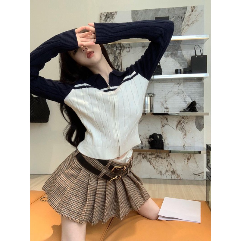 Bộ Áo Khoác Dệt Kim + Chân Váy Xếp Ly Sọc Ca Rô Thời Trang Xinh Xắn Cho Nữ