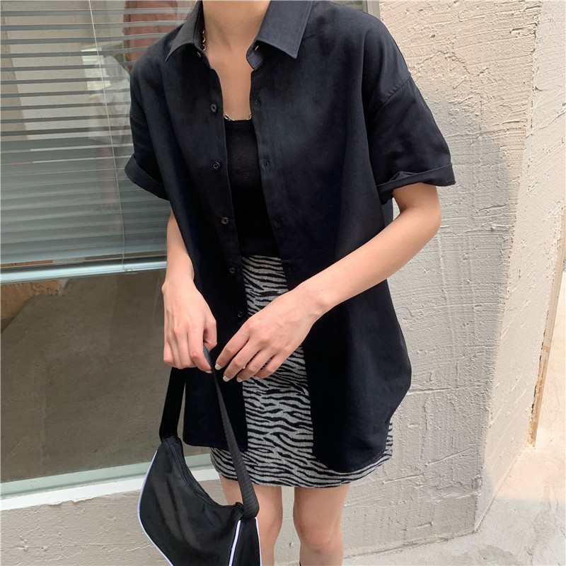 Áo sơ mi tay ngắn màu trơn phong cách retro Hàn Quốc dành cho nữ