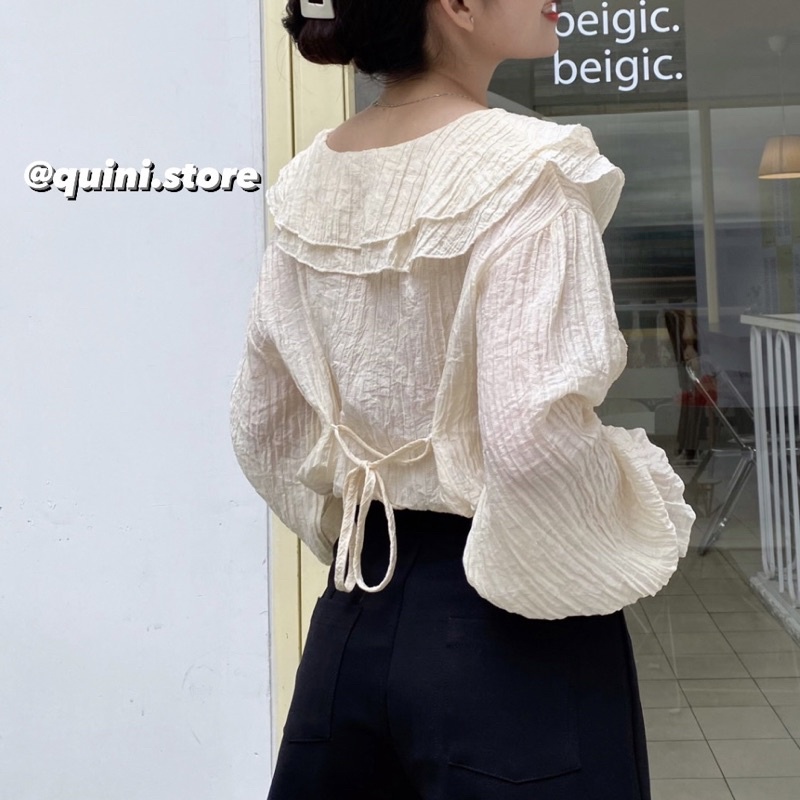 Áo Sơ Mi Tay Bồng Mix Nơ Buộc Lưng Chất Liệu Mỏng Mát- Ảnh Thật Và Video Shop Chụp