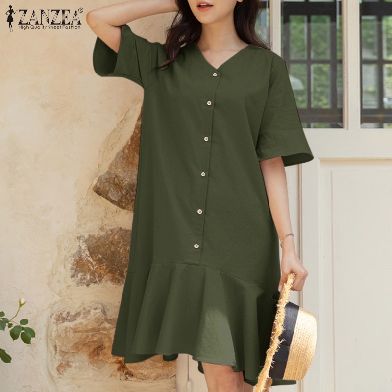 Đầm mini Zanzea tay ngắn cổ chữ V dáng rộng hợp thời trang cho nữ