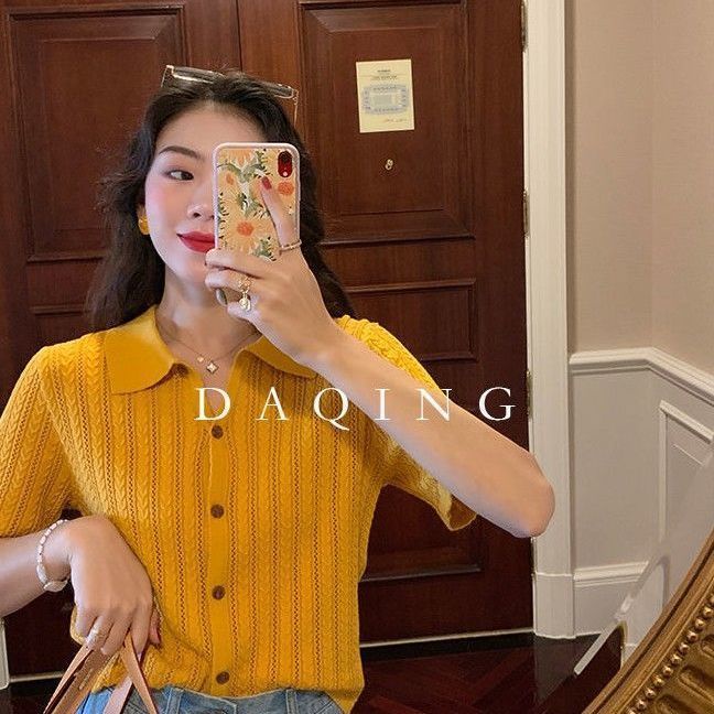 Áo Sweater Lụa Lạnh Cổ Polo Dáng Rộng Ngắn Tay Thời Trang Mùa Hè Dành Cho Nữ 2021