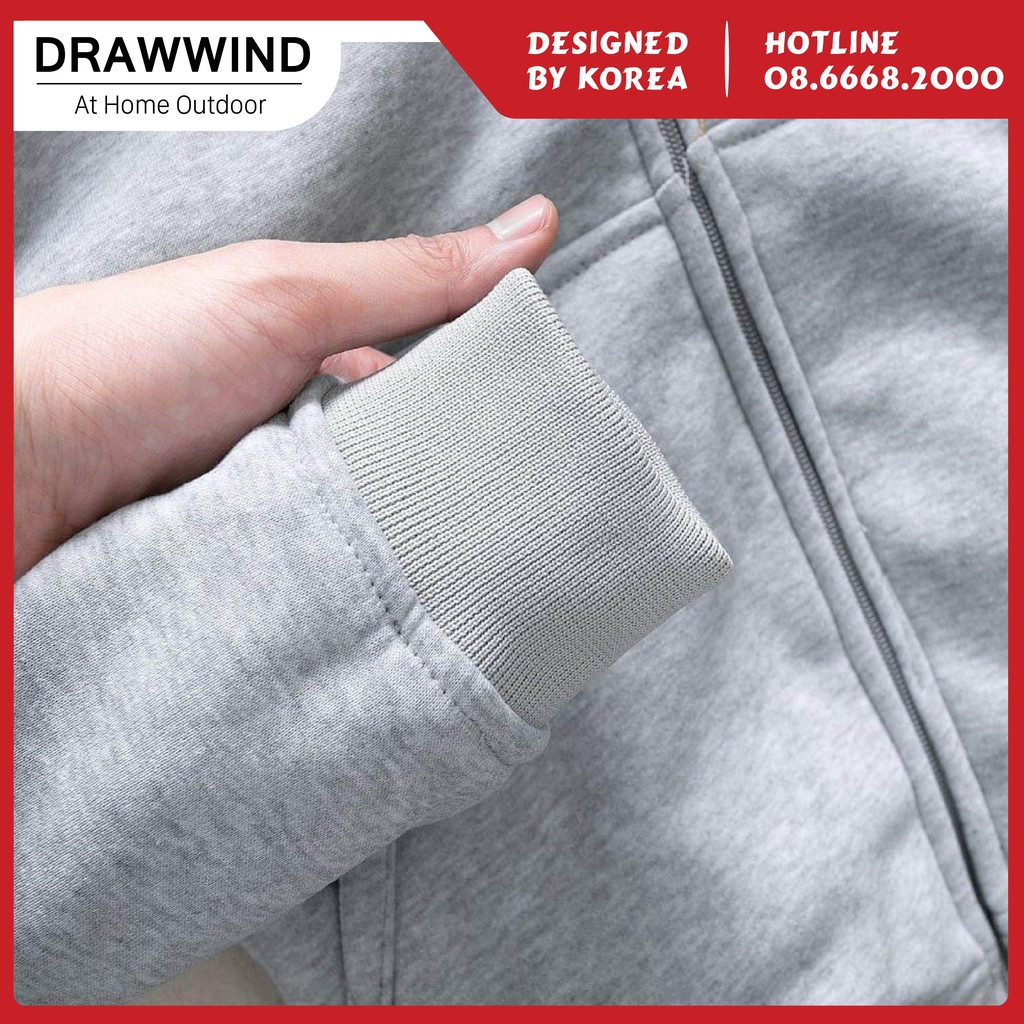 Áo khoác nỉ nam nữ, lót lông siêu ấm hoodie zip có mũ màu trơn phong cách Hàn Quốc Drawwind V520