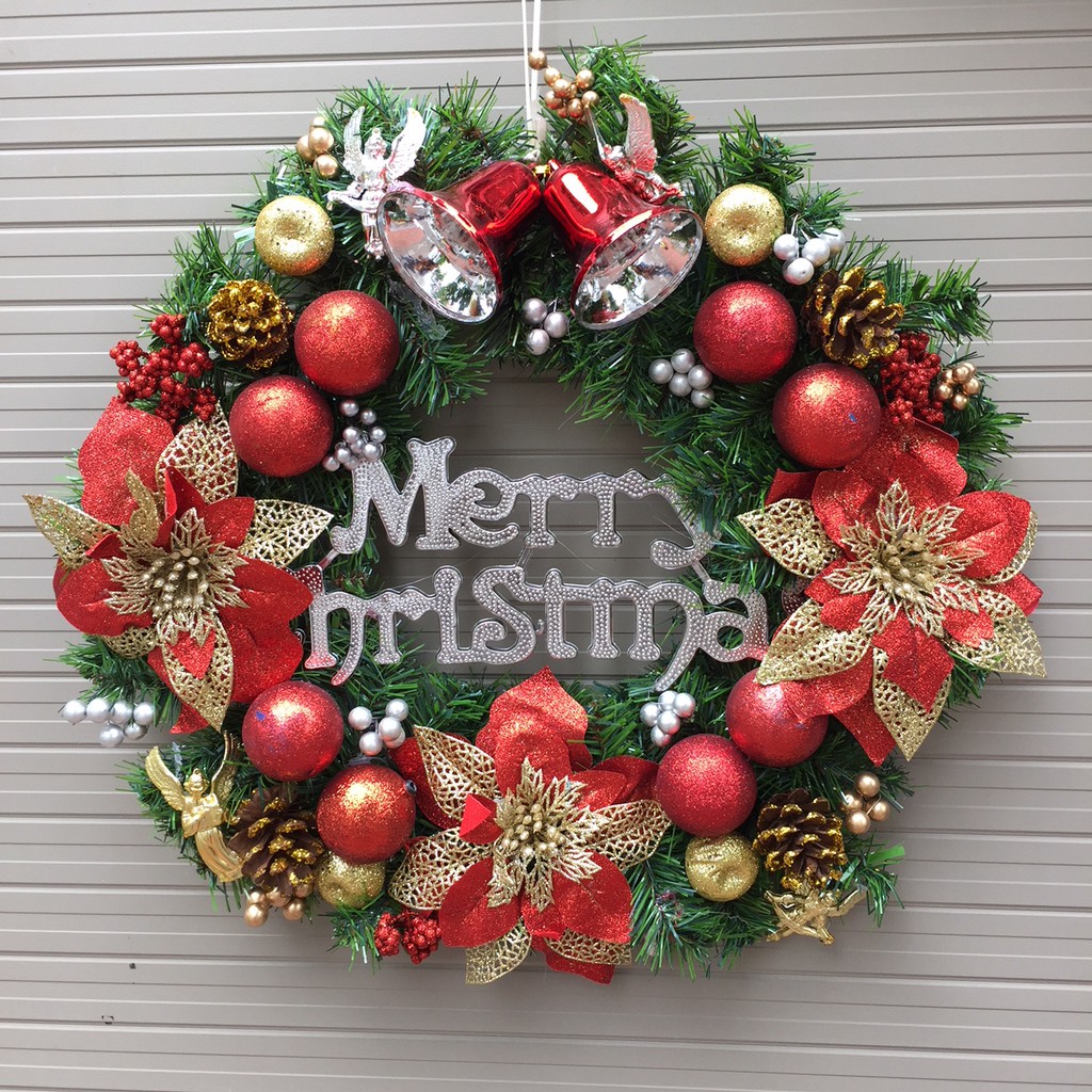 Vòng nguyệt quế trang trí Noel D=50cm châu đỏ
