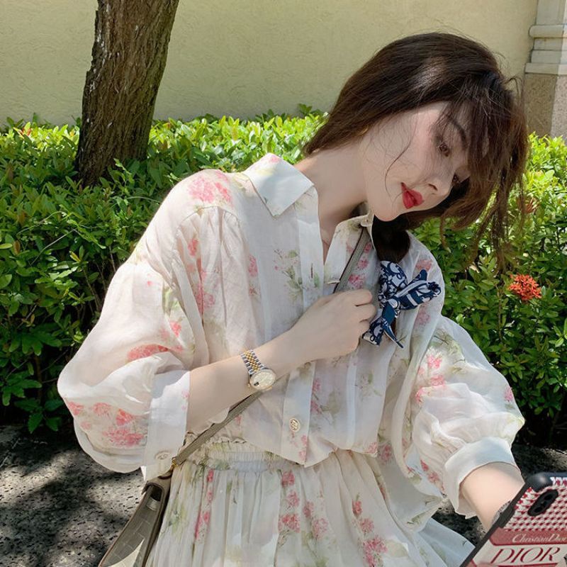 Set áo sơ mi hoa nhí và chân váy xoè dài ulzzang order