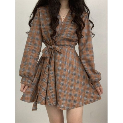 Váy xoè cute xinh xắn đáng yêu sơ mi caro flannel cột nơ tay phồng siêu đẹp!! Ba màu trendy Nâu Đỏ Vàng