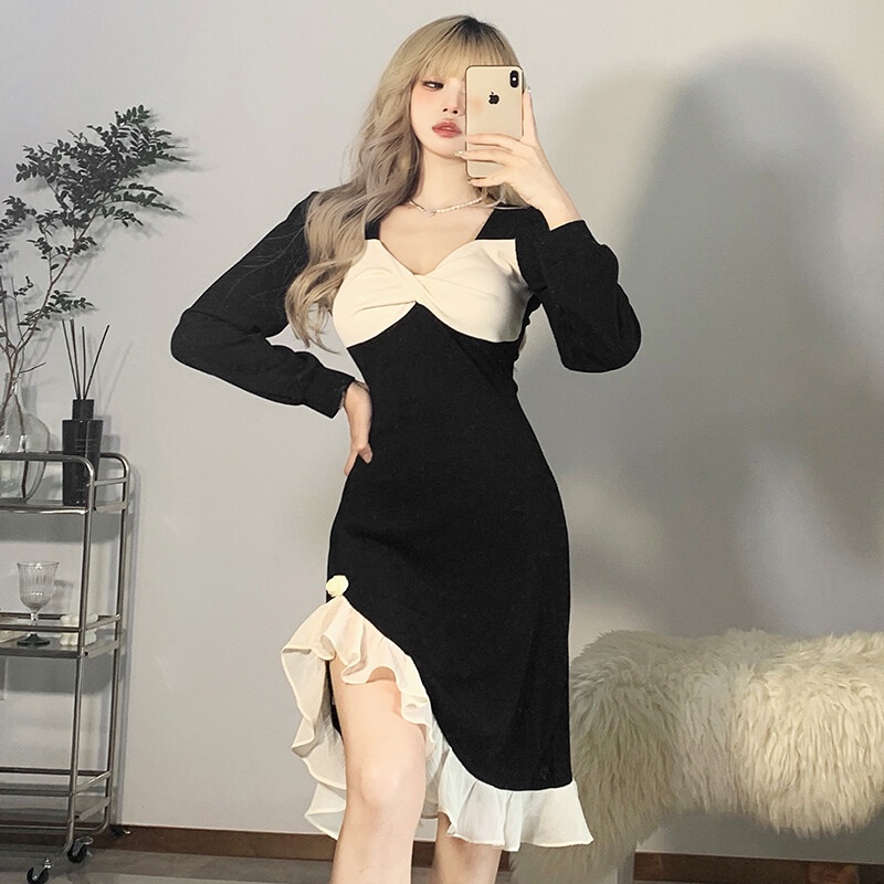 Kliou 2023 Mới Đầm chữ A KLIOU tay dài ôm eo phối bèo thanh lịch thời trang kiểu Pháp cho nữ