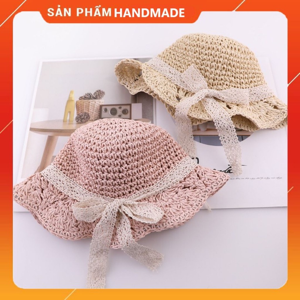Mũ Cói HANDMADE Phong Cách Vintage Nón Cói Phối Ren Cực Xinh Siêu Thoáng Cho Bé Gái Từ 1 Đến 7 Tuổi